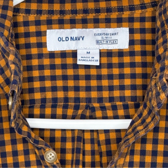 Old Navy Long Sleeve Button Down Plaid Slim Fit Orange and Dark Blue Size Medium - Picture 3 of 4
